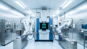 Salle blanche industrielle et lumineuse dédiée à la fabrication de semi-conducteurs, avec un scanner moderne de lithographie et des bras robotisés manipulant des wafers.