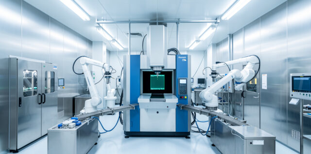 Salle blanche industrielle et lumineuse dédiée à la fabrication de semi-conducteurs, avec un scanner moderne de lithographie et des bras robotisés manipulant des wafers.