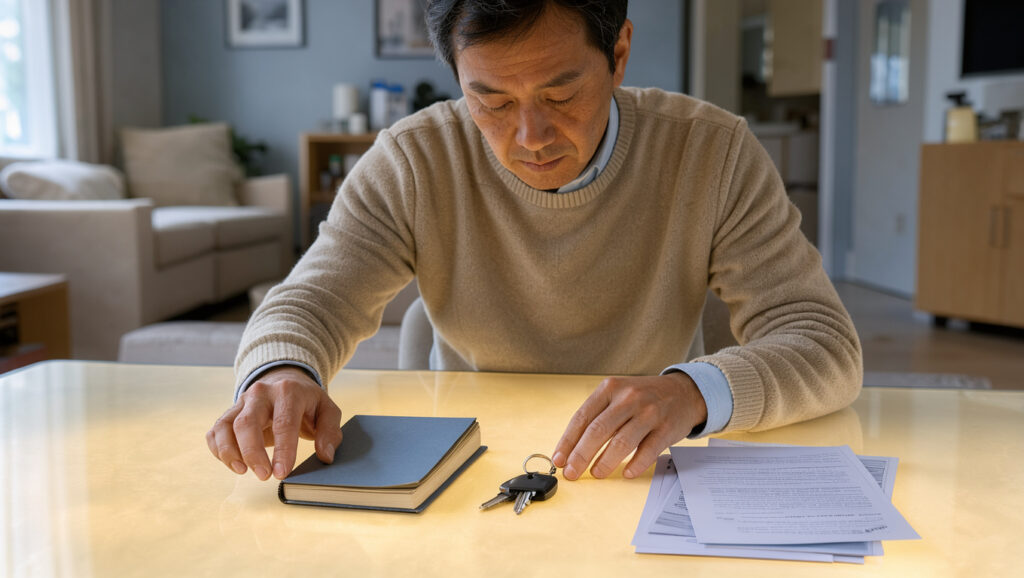 Un homme compare un budget, des cl&eacute;s de voiture et des documents automobiles vierges sur une table lumineuse dans un int&eacute;rieur familial moderne.
