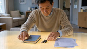 Un homme compare un budget, des clés de voiture et des documents automobiles vierges sur une table lumineuse dans un intérieur familial moderne.