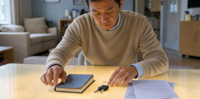 Un homme compare un budget, des clés de voiture et des documents automobiles vierges sur une table lumineuse dans un intérieur familial moderne.