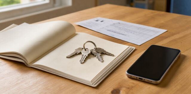 Dossier de location ouvert sur une table avec des documents vierges, des clés, un relevé de compteur et un smartphone à écran vide.