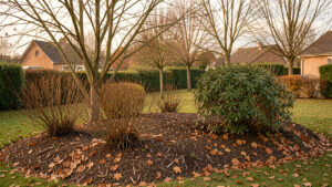 Jardin pavillonnaire à Colomiers en fin d’automne, avec des feuilles mortes rassemblées au pied des arbustes et un paillage naturel sous une lumière douce.