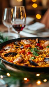 Paella aux fruits de mer servie au centre d’une table avec des verres de vin blanc.