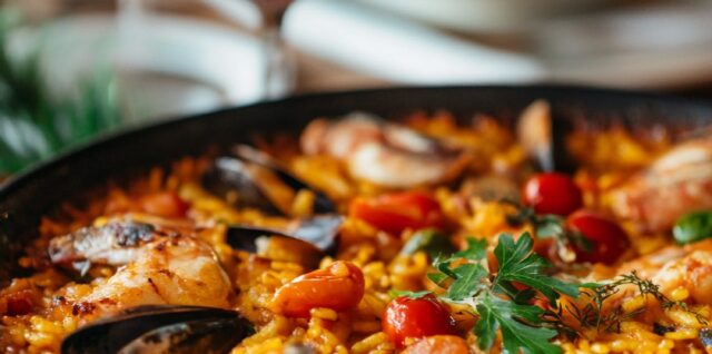 Paella aux fruits de mer servie au centre d’une table avec des verres de vin blanc.