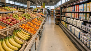 Rayon alimentaire français lumineux présentant des fruits frais, du lait et des céréales dans un supermarché contemporain.