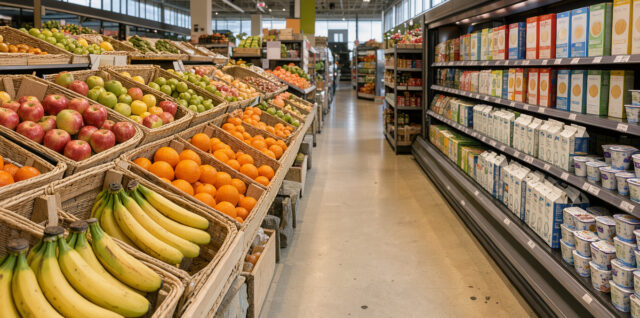 Rayon alimentaire français lumineux présentant des fruits frais, du lait et des céréales dans un supermarché contemporain.