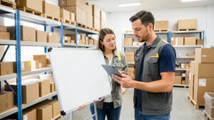 Une responsable de PME et un transporteur examinent ensemble un tableau de suivi des expéditions dans un entrepôt lumineux, près de colis empilés.