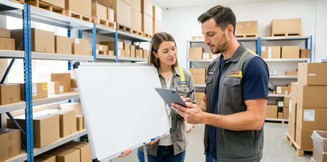Une responsable de PME et un transporteur examinent ensemble un tableau de suivi des expéditions dans un entrepôt lumineux, près de colis empilés.