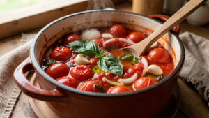 Casserole de sauce tomate maison mijotant avec de l’ail, de l’oignon, du basilic et de l’huile d’olive dans une cuisine chaleureuse.