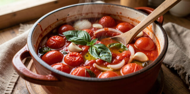Casserole de sauce tomate maison mijotant avec de l’ail, de l’oignon, du basilic et de l’huile d’olive dans une cuisine chaleureuse.