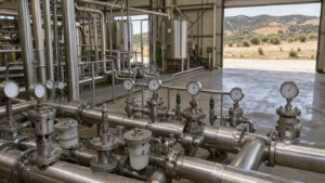 Vue documentaire d’une usine agroalimentaire en Occitanie, avec des compteurs d’eau et des tuyauteries au premier plan et un paysage méditerranéen sec visible à l’extérieur.