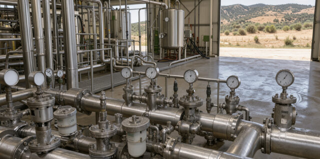 Vue documentaire d’une usine agroalimentaire en Occitanie, avec des compteurs d’eau et des tuyauteries au premier plan et un paysage méditerranéen sec visible à l’extérieur.