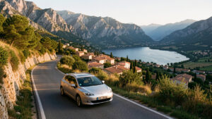 Voiture argentée circulant sur une route panoramique au départ de Lyon, avec des montagnes, des villages provençaux et un lac au loin.