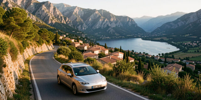 Voiture argentée circulant sur une route panoramique au départ de Lyon, avec des montagnes, des villages provençaux et un lac au loin.