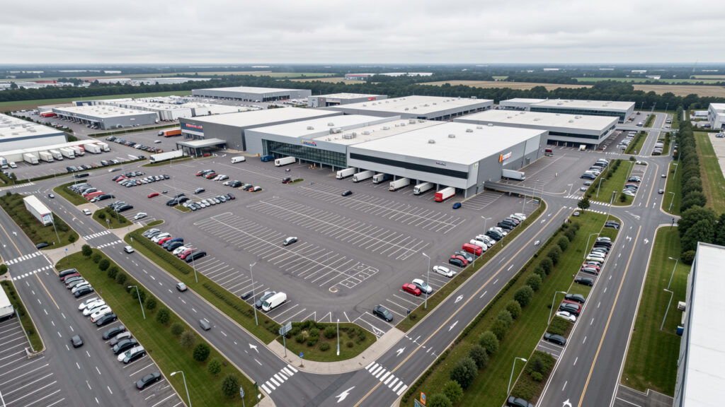 Vue a&eacute;rienne r&eacute;aliste d&rsquo;un grand hypermarch&eacute; fran&ccedil;ais avec parking, b&acirc;timent commercial, acc&egrave;s routiers et zones logistiques dans une ambiance sobre.