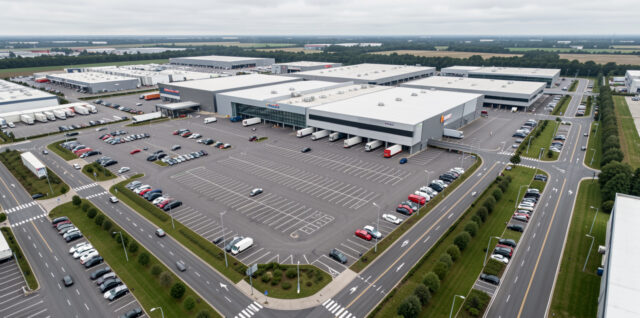 Vue aérienne réaliste d’un grand hypermarché français avec parking, bâtiment commercial, accès routiers et zones logistiques dans une ambiance sobre.