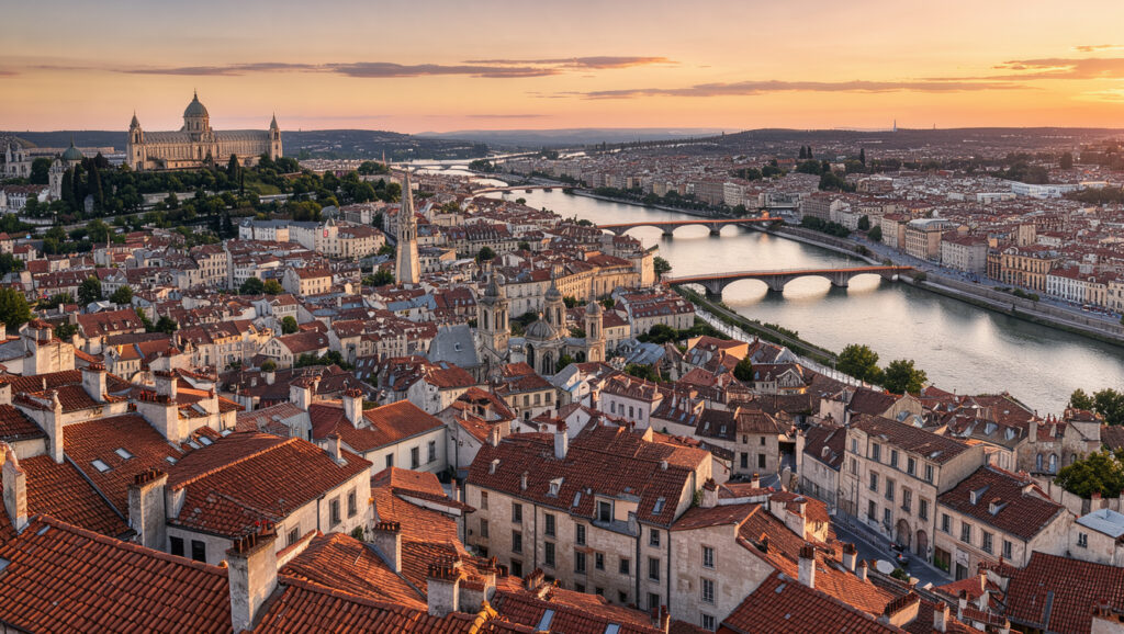 Vue panoramique lumineuse de Lyon depuis Fourvi&egrave;re, avec ses toits historiques, le Rh&ocirc;ne, la Sa&ocirc;ne et ses monuments au coucher du soleil.